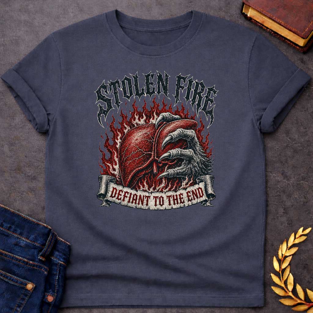 Dark Heather T-shirt with a heavy metal style graphic referencing Prometheus. It features a detailed, anatomical human liver gripped tightly by a large, feathered eagle claw, set against a background of roaring red flames. At the top, the words "STOLEN FIRE" are written in a jagged, distressed black metal font. A weathered scroll banner across the bottom reads "DEFIANT TO THE END" in a sharp, red gothic typeface.