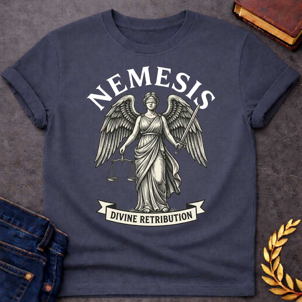 Dark Heather T-shirt with a Classical engraving-style illustration of Nemesis, the Greek goddess of divine retribution, depicted as a winged female figure in flowing robes. She holds balanced scales of justice in one hand and a sword in the other, symbolizing fair judgment and punishment. Her eyes are blindfolded. Bold text 'NEMESIS' curves above her head, with 'DIVINE RETRIBUTION' on a banner below. Black and cream line art style. References the goddess who ensures justice and punishes hubris.