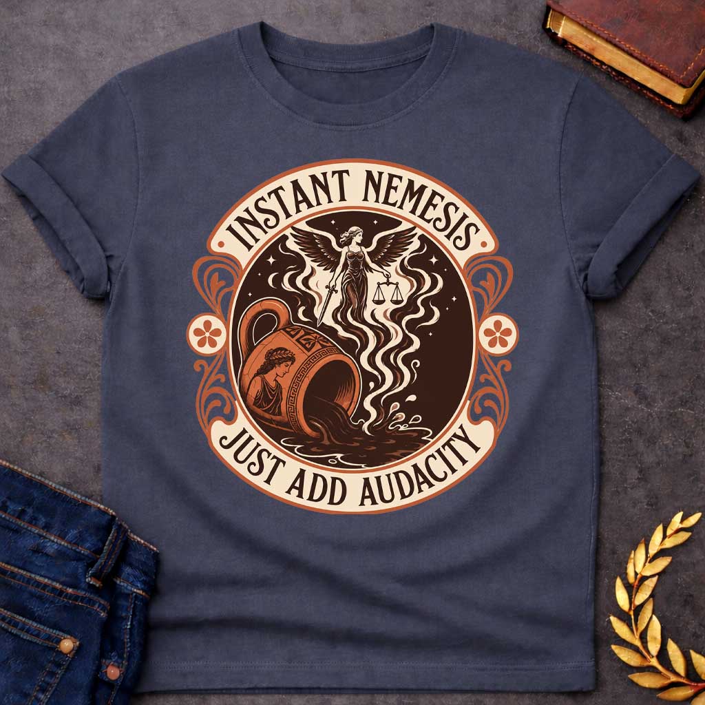 Dark Heather T-shirt with a Vintage product-label style circular design in terracotta, cream, and dark brown. Text reads 'INSTANT NEMESIS' at top and 'JUST ADD AUDACITY' at bottom. Center features Nemesis, the winged Greek goddess of retribution, holding scales of justice above a spilling Greek vase with a classical Greek warrior profile. Swirling smoke rises from the vessel. Ornate Art Nouveau flourishes and floral medallions frame the design. Humorous take on Greek mythology and divine consequences.
