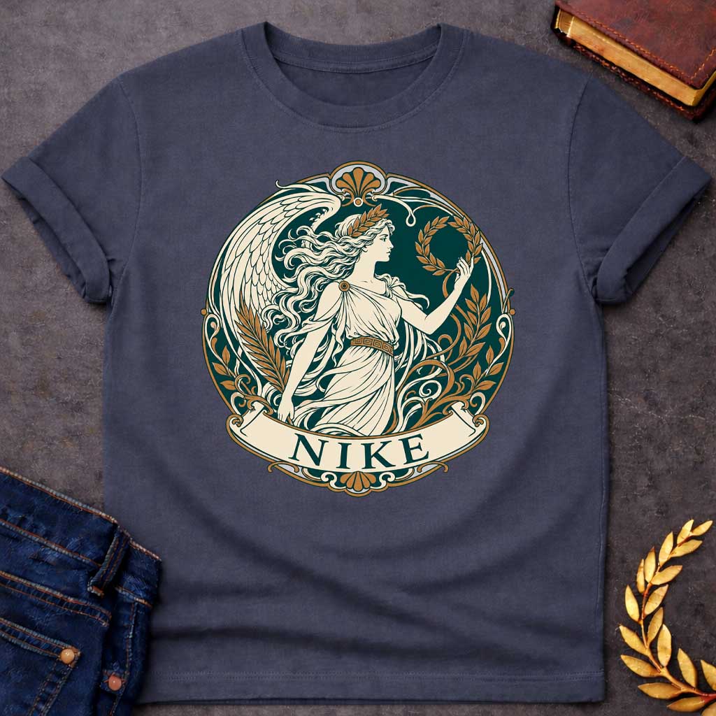 Dark Heather T-shirt with a Classical medallion design in teal, cream, and gold depicting Nike, the Greek goddess of victory. She wears a flowing chiton and holds a laurel wreath, shown in profile with long wavy hair crowned by another laurel wreath. Large detailed wings extend behind. Ornate Art Nouveau border features scrollwork, gold floral elements, and Greek key patterns. Banner below reads 'NIKE' in teal. Celebrates victory, achievement, and athletic glory in classical style.