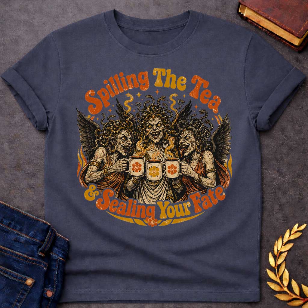 Dark Heather T-shirt with a Humorous illustration blending modern gossip culture with Greek mythology. Three Furies with serpent hair and black wings wear classical robes, each holding a decorative tea cup with floral designs. Their expressions are menacing yet mischievous. Text reads 'Spilling The Tea & Sealing Your Fate.' Black, cream, orange, and gold color scheme with decorative flourishes. Playfully references both tea-spilling gossip and divine vengeance and fate.