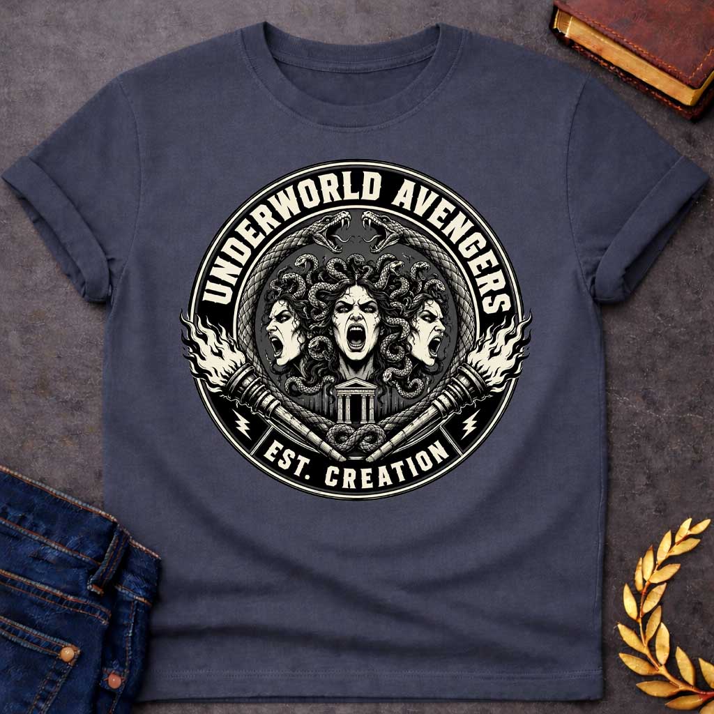 Dark Heather T-shirt with an Official emblem design for the 'Underworld Avengers,' a parody combining Greek mythology with Marvel. Three Fury faces with detailed serpent hair display aggressive expressions. A Greek temple sits below, framed by crossed ornate daggers. Flames and lightning bolts accent the circular seal in vintage badge style. Text reads 'Underworld Avengers: Est. Creation.' Black and cream colors celebrate a team of divine vengeance and supernatural justice.
