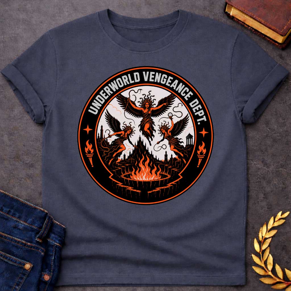 Dark Heather T-shirt with an Official seal for the 'Underworld Vengeance Department,' a parody blending Greek mythology with government bureaucracy. Three winged Furies with serpent hair occupy the center in orange and black. A dark gothic underworld landscape with towers sprawls below. Large flaming torches frame the design. Four-pointed stars accent the circular seal border. Black, orange, and cream colors create an official emblem celebrating divine vengeance as institutional authority.