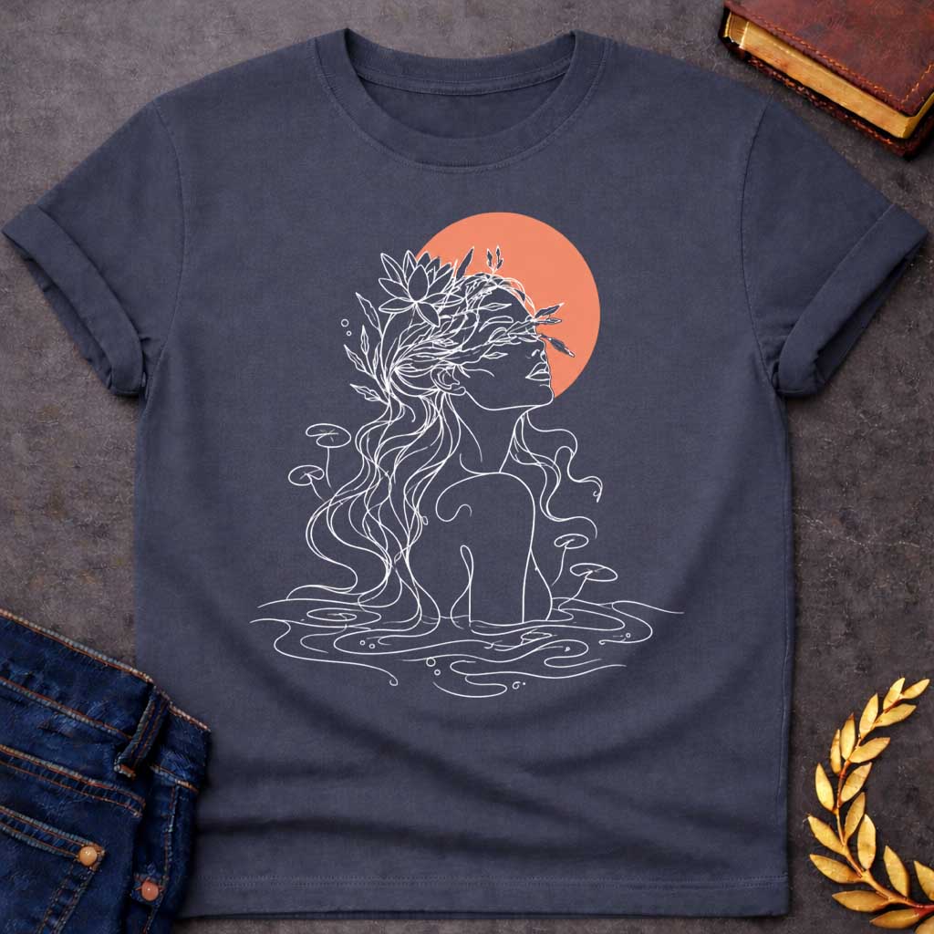 Dark Heather T-shirt with a minimalist, single-line art illustration of a water nymph. The design features the profile of a woman emerging from a stylized pond, with flowing hair adorned with water lilies and aquatic plants. The sun is represented by a solid, warm terracotta circle behind her head. The graphic uses fine white lines on a clean background, creating a serene, modern, and nature-inspired aesthetic