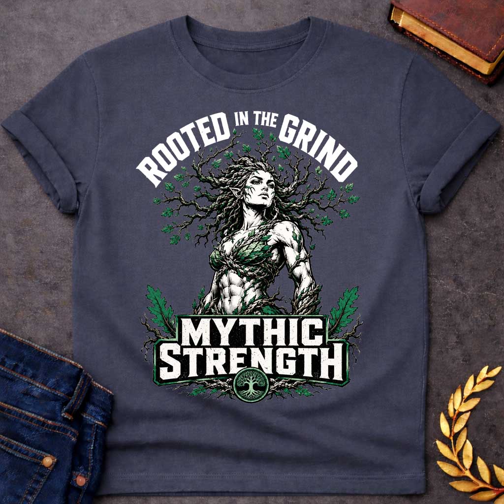 Dark Heather T-shirt with a gym-style Greek mythology t-shirt design featuring a highly muscular tree nymph. Her hair transitions into a massive, sprawling network of oak branches filled with green leaves. Arched above her is the text "ROOTED IN THE GRIND" in a distressed block font. Below her powerful physique, a bold green and white emblem reads "MYTHIC STRENGTH," anchored at the bottom by a circular tree of life icon