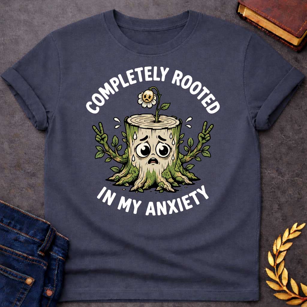 Dark Heather T-shirt with a cottagecore-style Greek mythology t-shirt design featuring an engraving illustration of a dryad. The flowing hair intricately weaves into a robust network of tree roots below. Arched elegantly above the portrait is the text "COMPLETELY ROOTED" in a clean white serif font.
