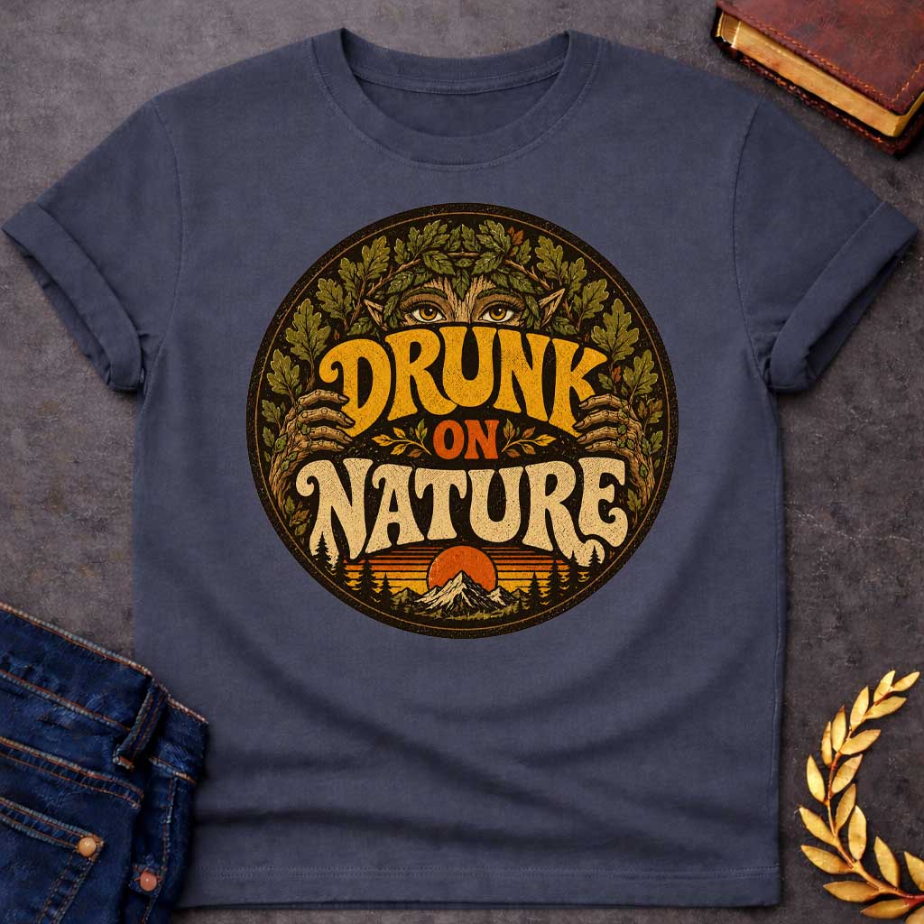Dark Heather T-shirt with a vintage, retro-style t-shirt graphic enclosed in a circular badge. At the top, the intense gold eyes of a forest nymph or dryad peek out from behind a thick crown of oak leaves. Earthy, stylized 1970s block text proudly reads "DRUNK ON NATURE" in gold and cream. The bottom of the design showcases a serene mountain landscape and a setting sun, framed by rustic pine trees and a distressed texture