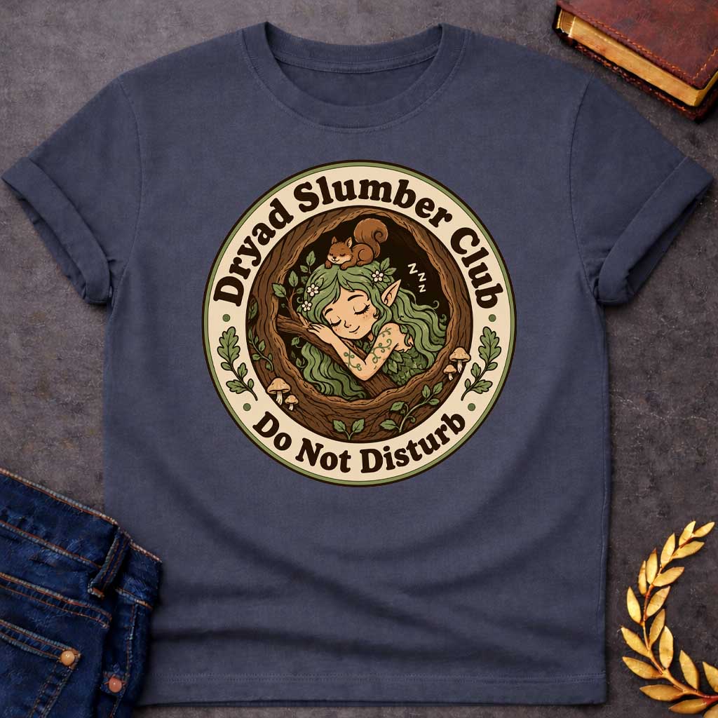 Dark Heather T-shirt with a cute, cartoon-style t-shirt graphic enclosed in a circular badge. Inside a cozy tree hollow, a little green-haired dryad or forest elf sleeps peacefully next to small mushrooms, while a tiny brown squirrel naps on her head. A cream-colored outer ring features dark brown text that reads "Dryad Slumber Club" along the top and "Do Not Disturb" along the bottom, accented by small green oak leaves