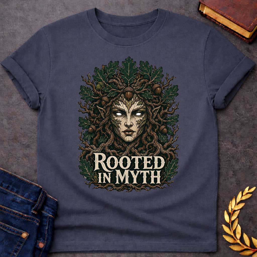 Dark Heather T-shirt with a detailed cottagecore-style graphic featuring a powerful oak tree dryad or nature spirit. Her intense face, with glowing white eyes, is framed by gnarled, twisting branches and a thick canopy of dark green oak leaves and brown acorns. Interwoven with the roots at the bottom, the bold, stylized cream text reads "ROOTED IN MYTH," creating a striking, mythical, and nature-inspired apparel design
