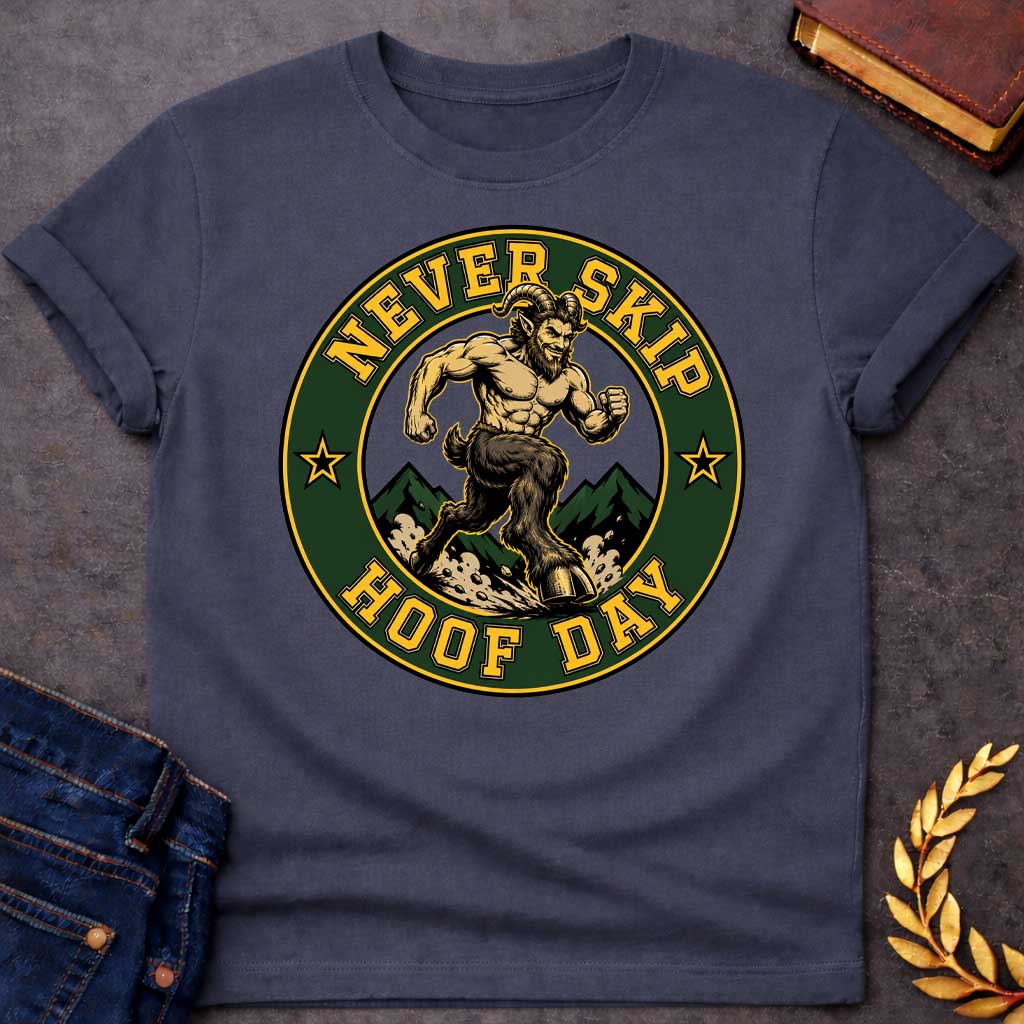 Dark Heather T-shirt with a Gym badge-style emblem featuring a muscular satyr celebrating 'Never Skip Hoof Day.' A bearded, horned figure with extremely defined musculature stands on goat legs in a dynamic running pose. Dark green mountains frame the background. Text reads 'Never Skip Hoof Day' in gold lettering around a forest green circle with gold borders and star accents. Humorous wordplay blends Greek mythology satyr imagery with modern fitness culture and leg day humor.
