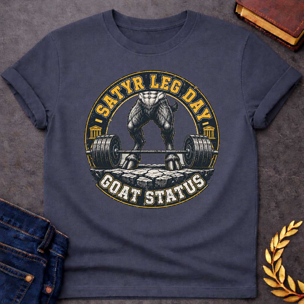 Dark Heather T-shirt with a Humorous fitness badge depicting a satyr's leg day workout. Viewed from the waist down, a heavily muscled satyr with dark hairy goat legs stands in a deadlifting stance, holding a loaded barbell with massive weight plates on a rough stone platform. Gold and black circular emblem features text reading 'Satyr Leg Day' and 'Goat Status' with Greek temple columns on sides. Distressed vintage aesthetic celebrates satyr strength and workout dedication.