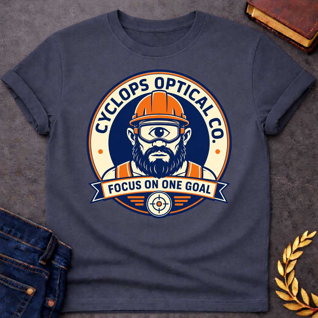 Dark Heather T-shirt with a Professional emblem of Cyclops Optical Co. featuring a bearded cyclops construction worker wearing an orange hard hat and safety goggles. The single large eye peers forward with focused intensity. The character wears an orange and navy safety vest. Text reads 'Cyclops Optical Co.' around the rim and 'Focus on One Goal' on a banner below. A crosshair with wings anchors the bottom. Navy, orange, and cream color scheme. Clever pun blending mythology with workplace safety culture.