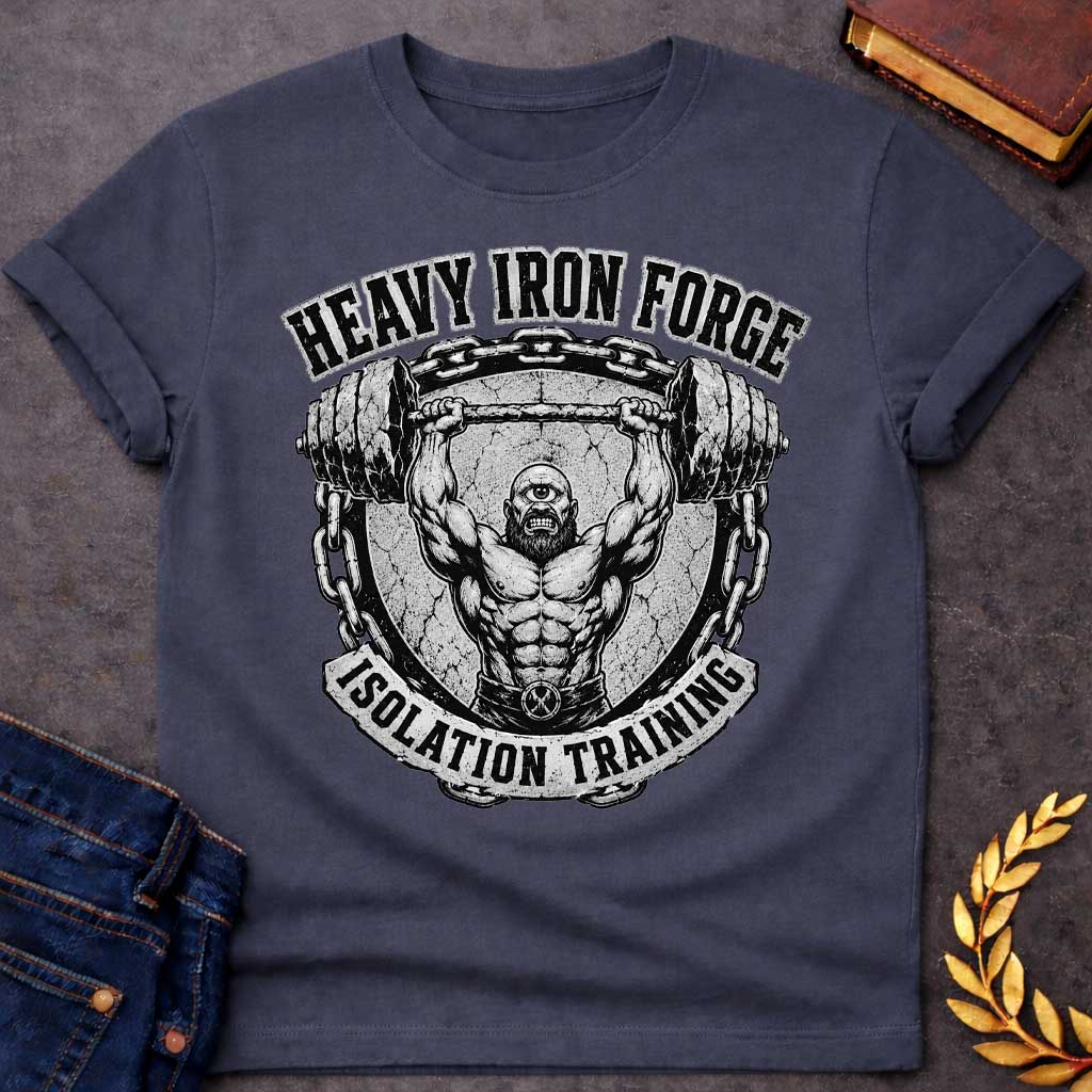 Dark Heather T-shirt with a Black and white engraving fitness emblem of a muscular cyclops lifting a massive barbell overhead. The bearded figure displays exceptional musculature. Heavy iron chains frame the circular seal with cracked stone. Text reads 'Heavy Iron Forge' and 'Isolation Training.' A crossed hammer symbol adorns the chest. Combines Greek mythology with bodybuilding culture and strength training dedication.
