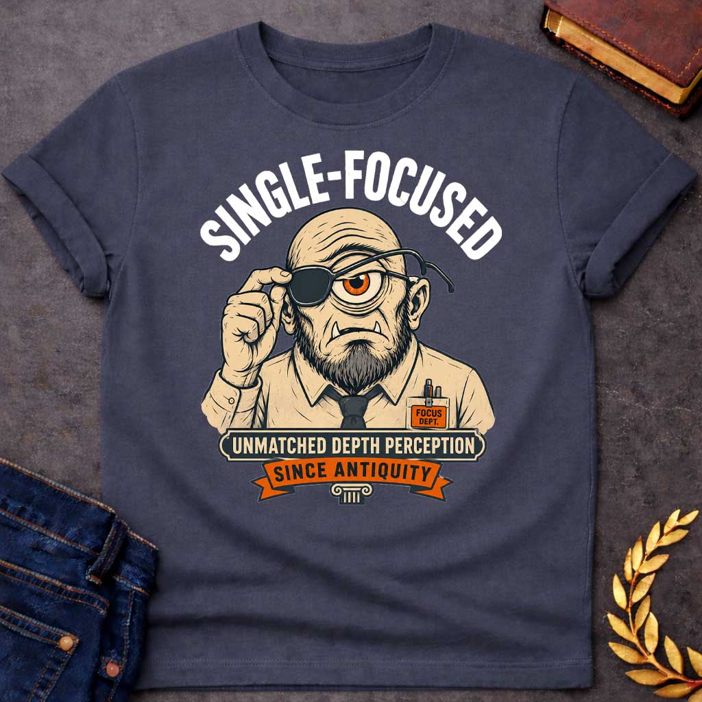 Dark Heather T-shirt with a Humorous professional portrait of a bearded cyclops wearing an eye patch over his single orange eye. He sports a tan suit jacket, dark tie, and "Focus Dept." badge. Text reads "Single-Focused" above and "Unmatched Depth Perception Since Antiquity" below. A classical column anchors the design. Cleverly blends Greek mythology with modern workplace culture, celebrating singular focus, professional dedication, and the mythological advantage of single-eyed perception.