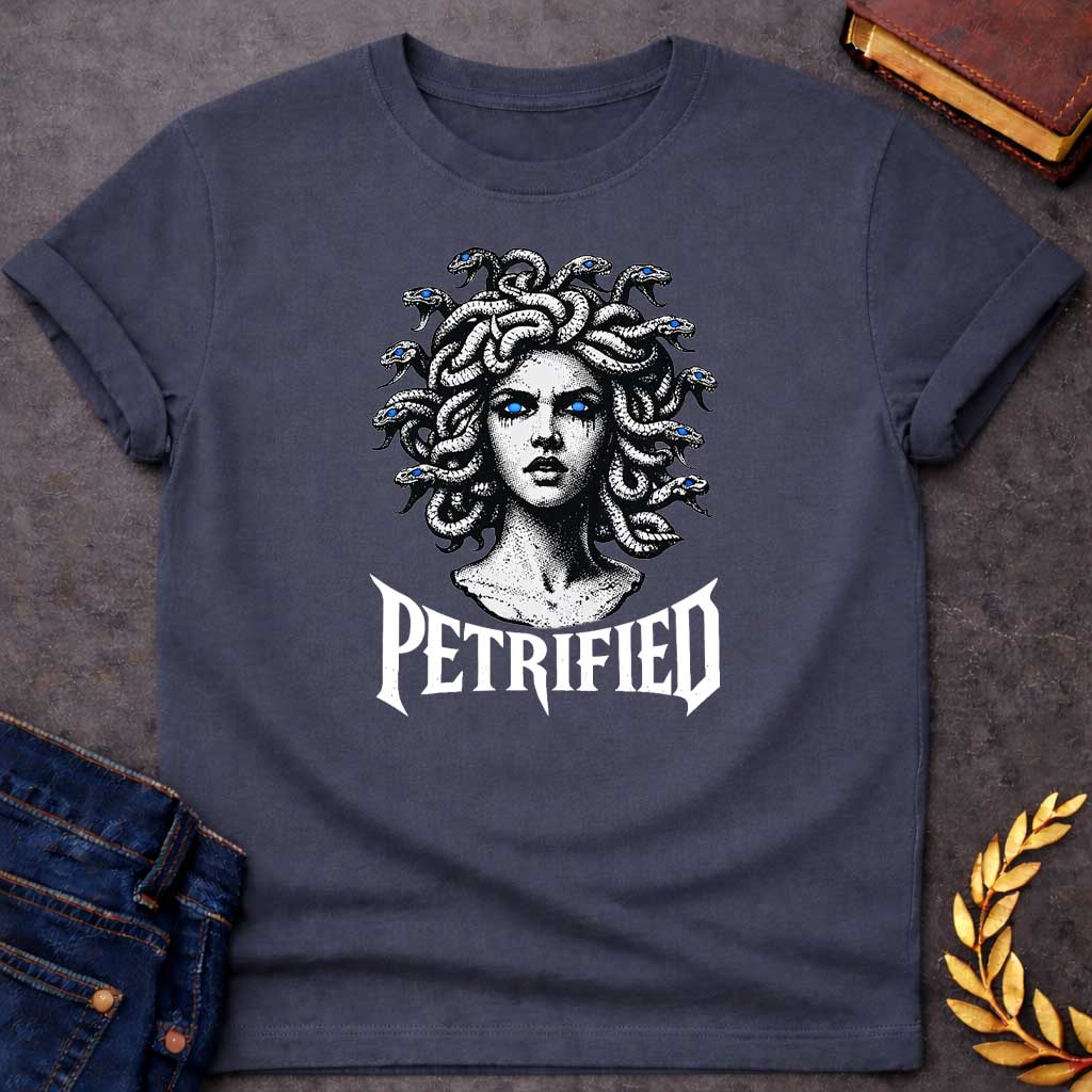 medusa petrified greek mythology youth shirt featuring detailed Greek mythology artwork, symbolic design, and bold graphic style
