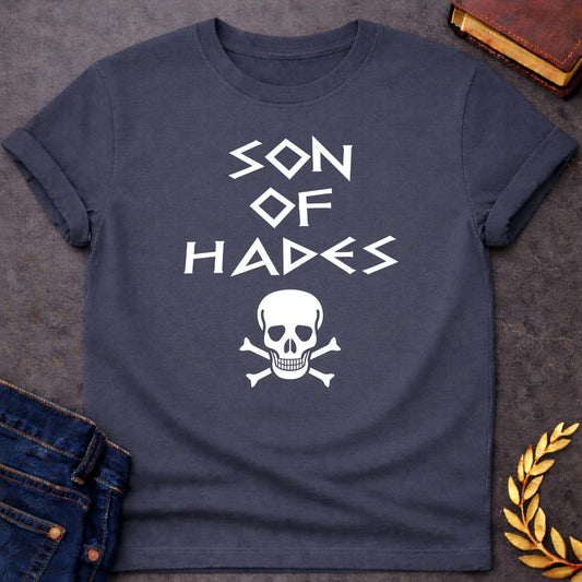 Son of Hades Greek Mythology Adult T-Shirt featuring underworld king, skull motifs, dark Greek mythology design