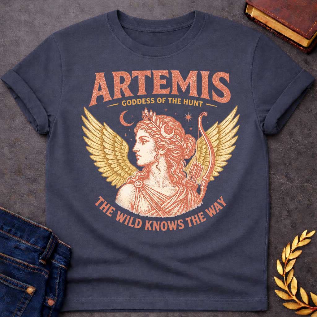 Dark Heather t-shirt with a Vintage Greek mythology design featuring Artemis, goddess of the hunt, with a crescent moon, stars, bow and arrows, and golden wings. Warm coral and gold engraving-style artwork frames her classical portrait. Bold text reads "Artemis – Goddess of the Hunt" and "The Wild Knows the Way," celebrating the Olympian goddess of nature and the hunt.