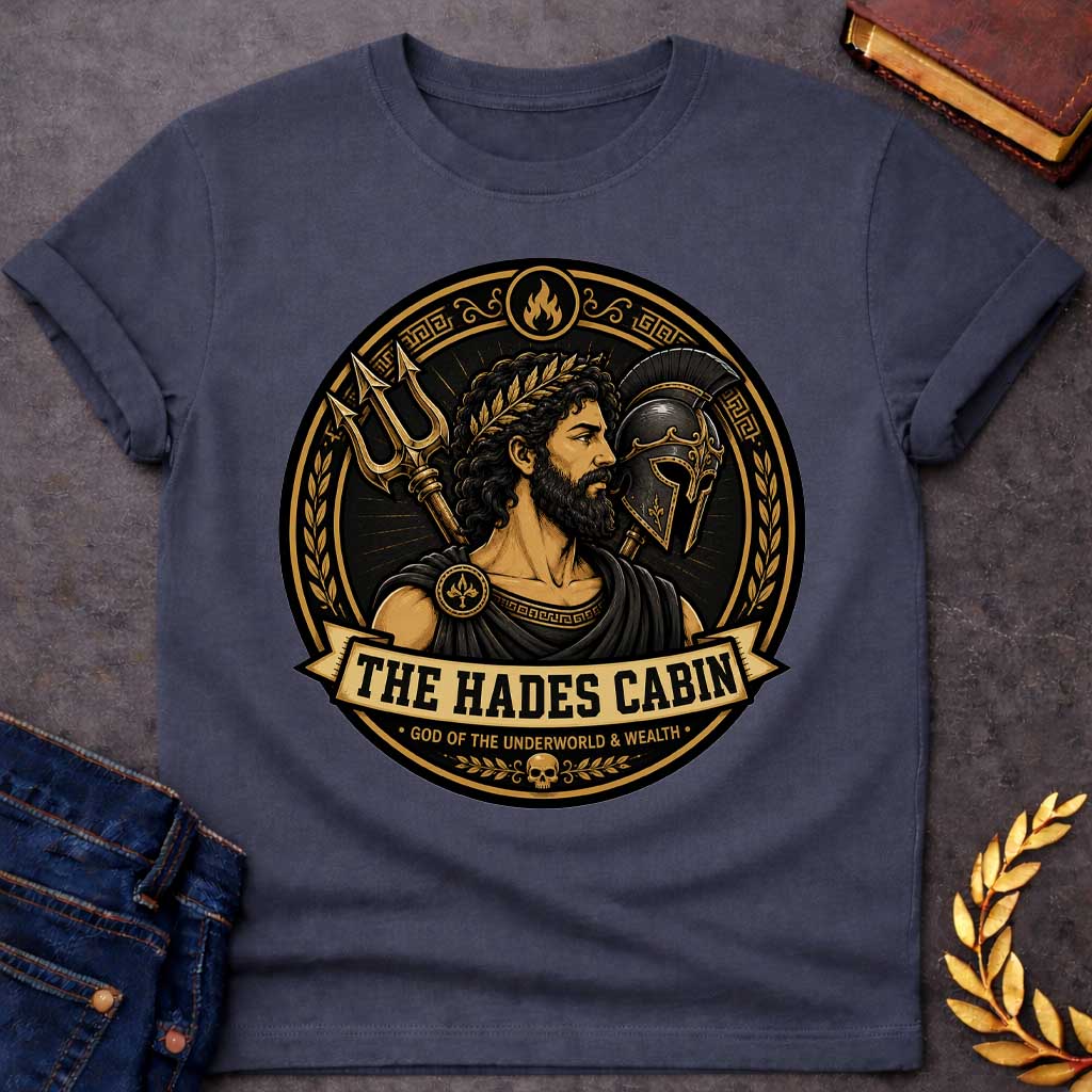 Dark Heather t-shirt with a Hades Greek mythology cabin design featuring the bearded god of the Underworld wearing a laurel crown, surrounded by a golden bident, warrior helmet, flames, Greek key patterns, and a skull. Black and gold circular emblem includes the text “The Hades Cabin” and “God of the Underworld & Wealth,”