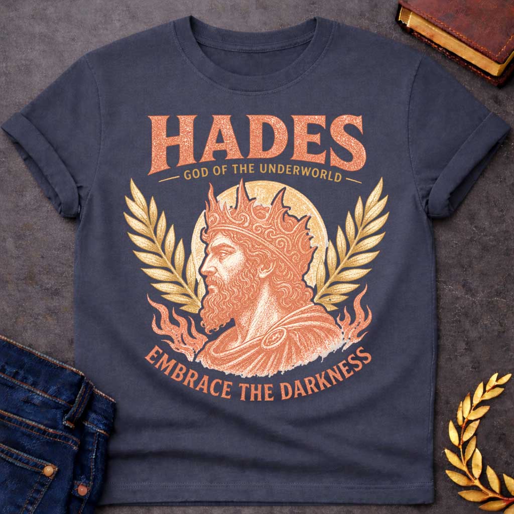 Dark Heather t-shirt with a Vintage Greek mythology shirt featuring Hades, God of the Underworld, portrayed as a bearded king wearing an ornate crown. Distressed coral and gold artwork includes laurel branches, a glowing circular backdrop, underworld flames, and the bold text “Hades God of the Underworld” and “Embrace the Darkness.”