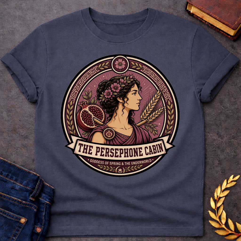 Dark Heather t-shirt with a Persephone Greek mythology cabin design featuring the goddess of spring and the Underworld wearing a floral crown and purple robes, surrounded by blooming flowers, a split pomegranate, wheat stalks, laurel leaves, and Greek key patterns. Burgundy and cream circular emblem includes the text “The Persephone Cabin” and “Goddess of Spring & the Underworld,”