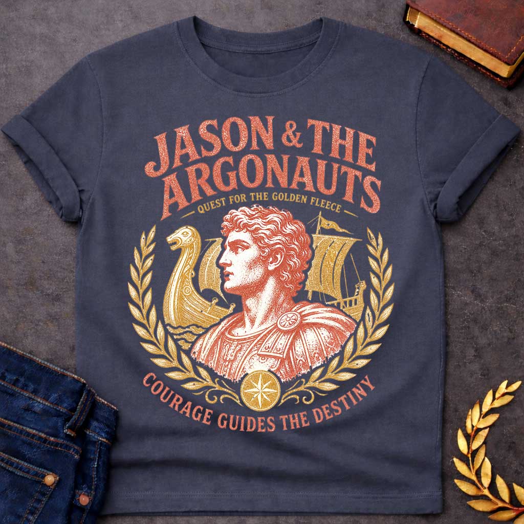 Dark Heather t-shirt with a Vintage Jason and the Argonauts Greek mythology design featuring Jason in classical armor framed by ancient Greek ships and golden laurel branches. Distressed coral and gold artwork celebrates the legendary quest for the Golden Fleece, with bold text reading “Jason & the Argonauts,” “Quest for the Golden Fleece,” and “Courage Guides the Destiny.”