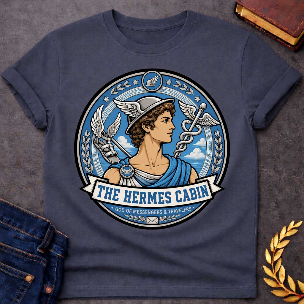 Dark Heather t-shirt with a Hermes Greek mythology cabin design featuring the messenger god wearing his iconic winged helmet, surrounded by winged sandals, a caduceus, laurel branches, stars, and clouds. Blue, silver, and cream circular emblem includes the text “The Hermes Cabin” and “God of Messengers & Travelers,”