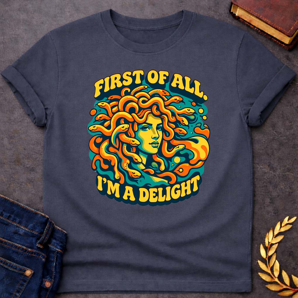 medusa first of all im a delight psychedelic style greek mythology youth shirt featuring detailed Greek mythology artwork, symbolic design, and bold graphic style