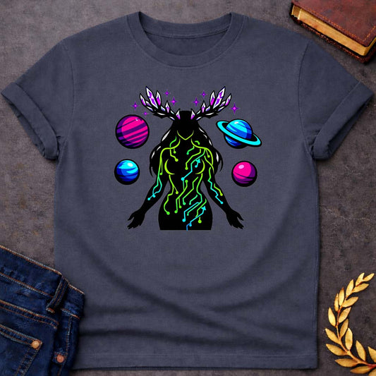 gaia earth goddess greek mythology neon style youth shirt featuring detailed Greek mythology artwork, symbolic design, and bold graphic style