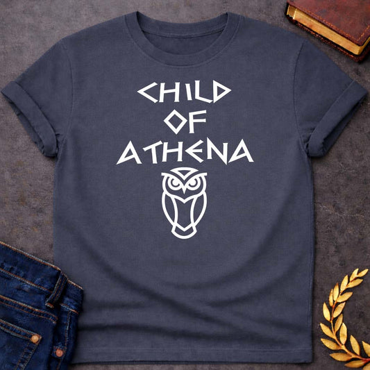 Child of Athena Greek Mythology Adult T-Shirt featuring owl, laurel wreath, wisdom symbolism in vintage Greek mythology design