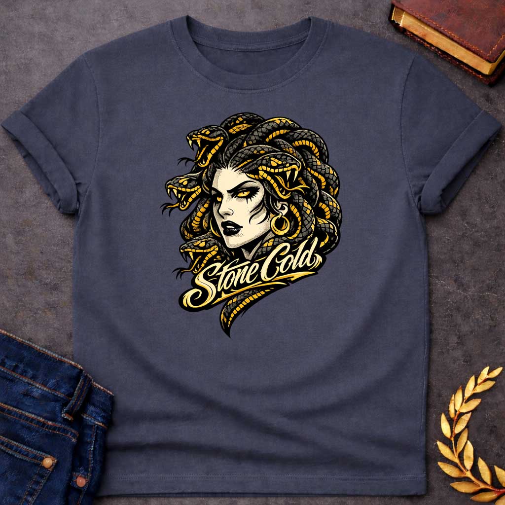 medusa stone cold greek mythology youth shirt featuring detailed Greek mythology artwork, symbolic design, and bold graphic style