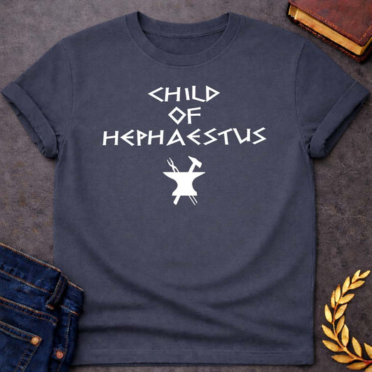 Child of Hephaestus Greek Mythology Adult T-Shirt featuring blacksmith hammer, forge sparks, fire god symbolism in industrial mythology design