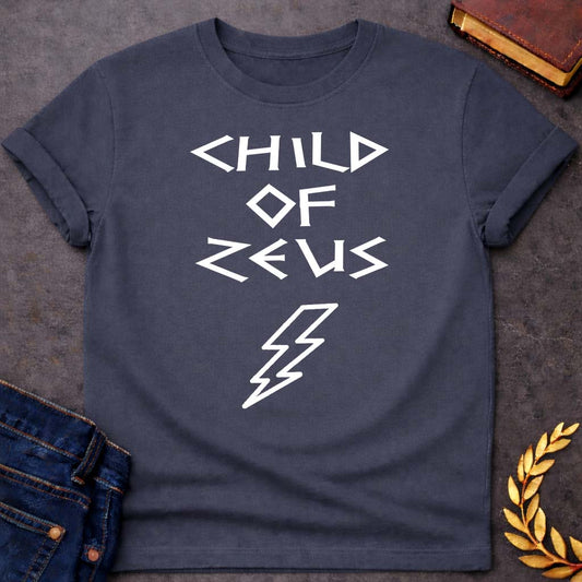 Child of Zeus Greek Mythology Adult T-Shirt featuring lightning bolt, sky god power symbolism in bold Greek mythology design