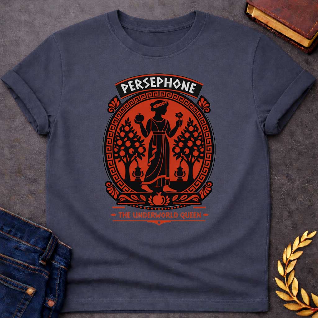 persephone the underworld queen greek mythology youth shirt featuring pomegranate, underworld queen symbolism in dark floral mythology design