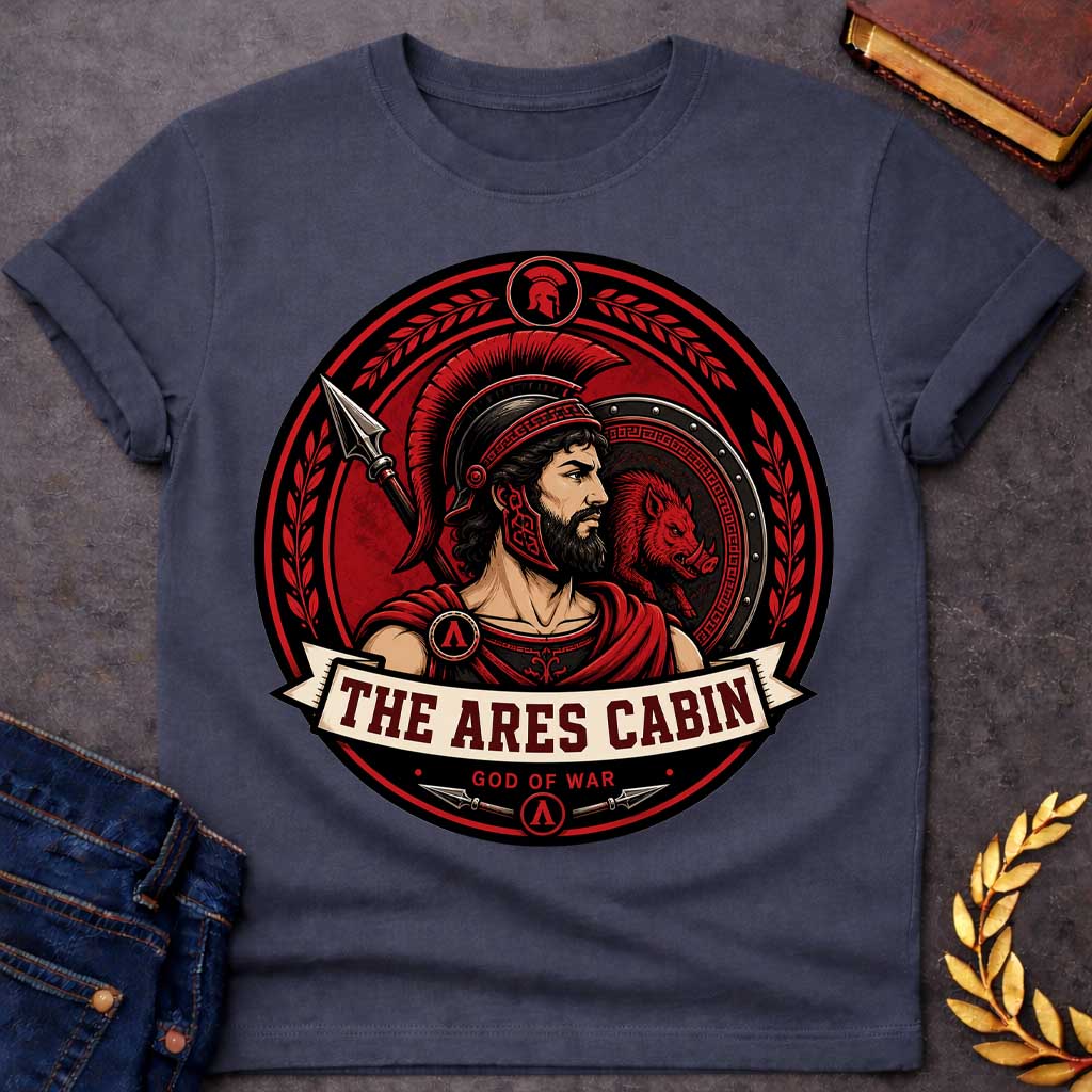 Dark Heather t-shirt with a Ares Greek mythology cabin design featuring the god of war in a Spartan-style helmet and armor, framed by a spear, shield with a fierce boar, and laurel branches. Bold red, black, and cream circular camp-style emblem includes the text “The Ares Cabin” and “God of War,”