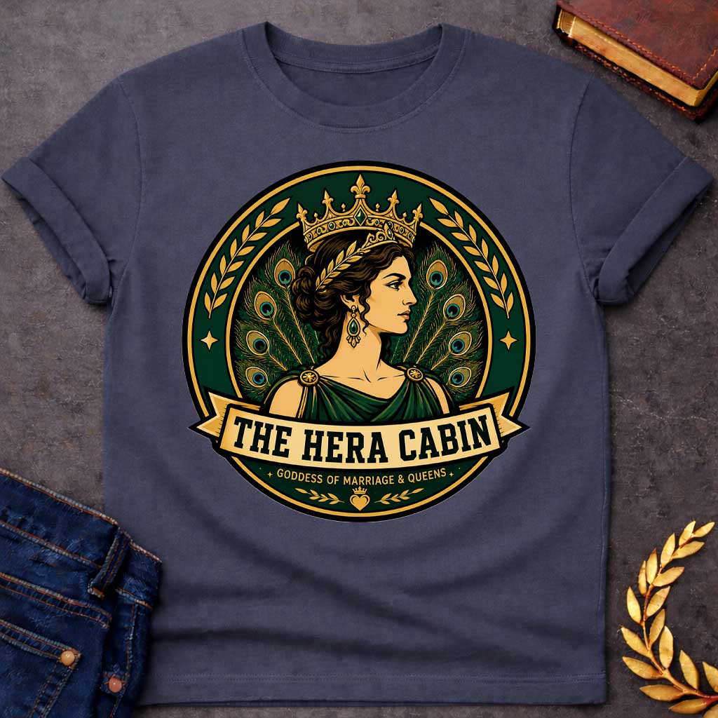 Dark Heather t-shirt with a Hera Greek mythology cabin design featuring the queen of the gods wearing an ornate golden crown and laurel accents, surrounded by elegant peacock feathers and decorative branches. Rich emerald green, gold, and black circular camp-style emblem includes the text “The Hera Cabin” and “Goddess of Marriage & Queens”