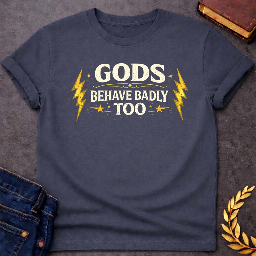 zeus gods behave badly too greek mythology youth t shirt featuring lightning bolt, sky god power symbolism in bold Greek mythology design