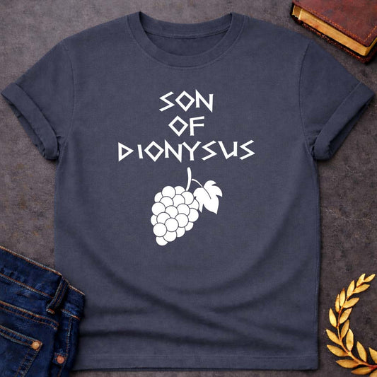 Son of Dionysus Greek Mythology Adult T-Shirt featuring detailed Greek mythology artwork, symbolic design, and bold graphic style