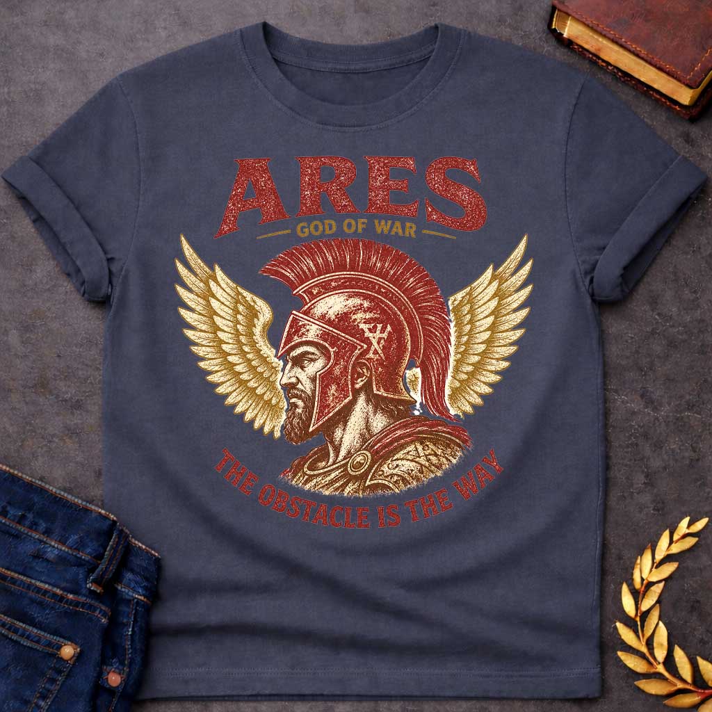 Dark Heather t-shirt with a Vintage Greek mythology design featuring Ares, god of war, wearing a battle-worn Greek helmet and armor. Golden wings frame the warrior in a bold red, gold, and cream engraving style. Text reads "Ares – God of War" and "The Obstacle Is the Way," creating a powerful design inspired by strength, courage, and ancient Greek mythology.