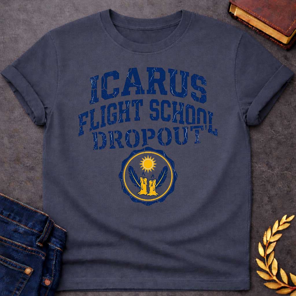Dark Heather in distressed collegiate style: bold navy blue arched text with a cracked, weathered texture above a circular emblem featuring two melting wax candles with wings and a blazing sun, gold and navy on a white badge.
