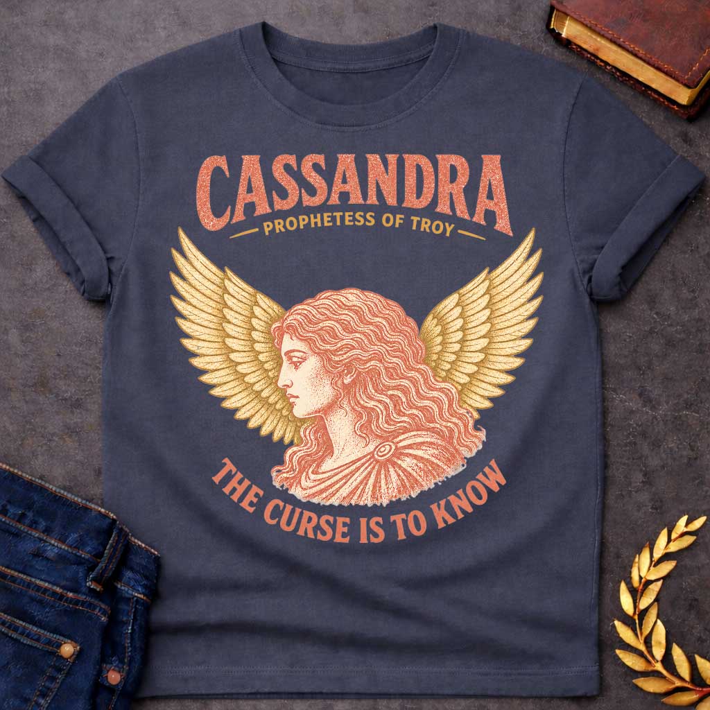 Dark Heather t-shirt with a Vintage Greek mythology design featuring Cassandra, prophetess of Troy, in a classical portrait framed by dramatic golden wings. Warm coral and gold engraving-style artwork accompanies bold text reading "Cassandra – Prophetess of Troy" and "The Curse Is to Know," inspired by her tragic gift of prophecy and the curse that no one would believe her warnings.