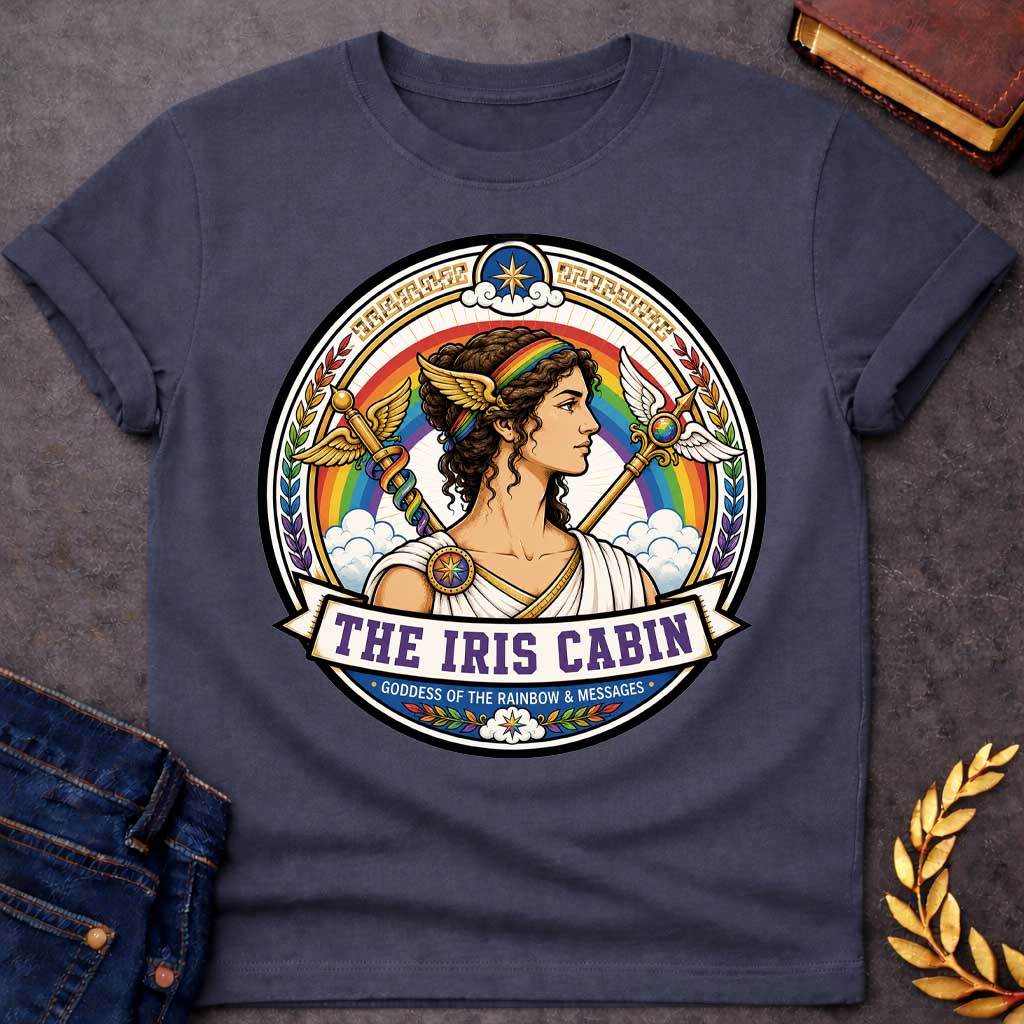 Dark Heather t-shirt with a Iris Greek mythology cabin design featuring the goddess of the rainbow and messages in a colorful circular emblem. Iris wears a rainbow headband and winged accents, surrounded by a vibrant rainbow, clouds, winged staffs, laurel leaves, and celestial details. Text reads “The Iris Cabin” and “Goddess of the Rainbow & Messages,”
