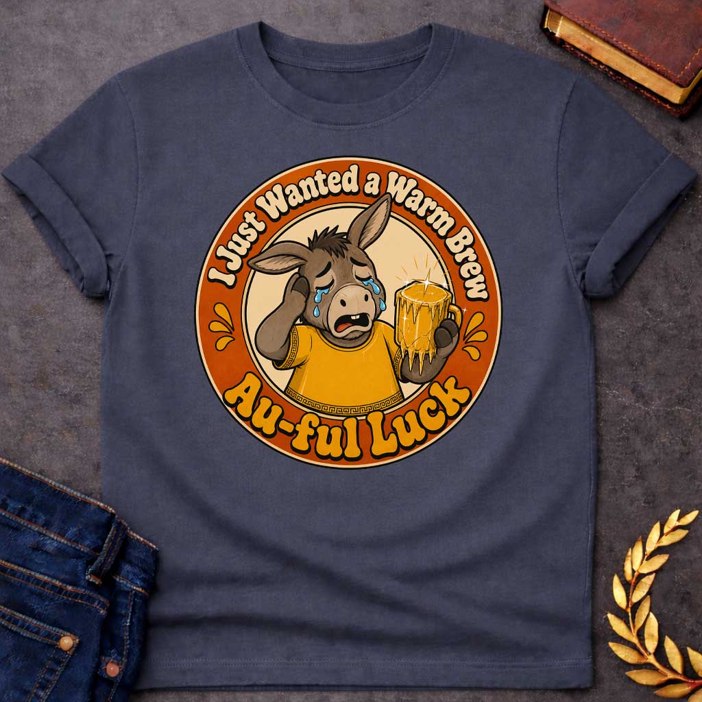 Dark Heather t-shirt with A Funny Greek mythology design featuring a crying cartoon donkey wearing a gold ancient Greek tunic and holding a dripping gold beer mug. Circular vintage badge layout with the humorous text, "I Just Wanted a Warm Brew" at the top and "Au-ful Luck" at the bottom, referencing the myth of King Midas. Retro orange, gold, cream, and brown color palette with bold, distressed vintage styling.