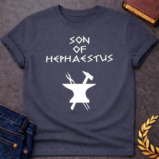 Son of Hephaestus Greek Mythology Adult T-Shirt featuring blacksmith hammer, forge sparks, fire god symbolism in industrial mythology design