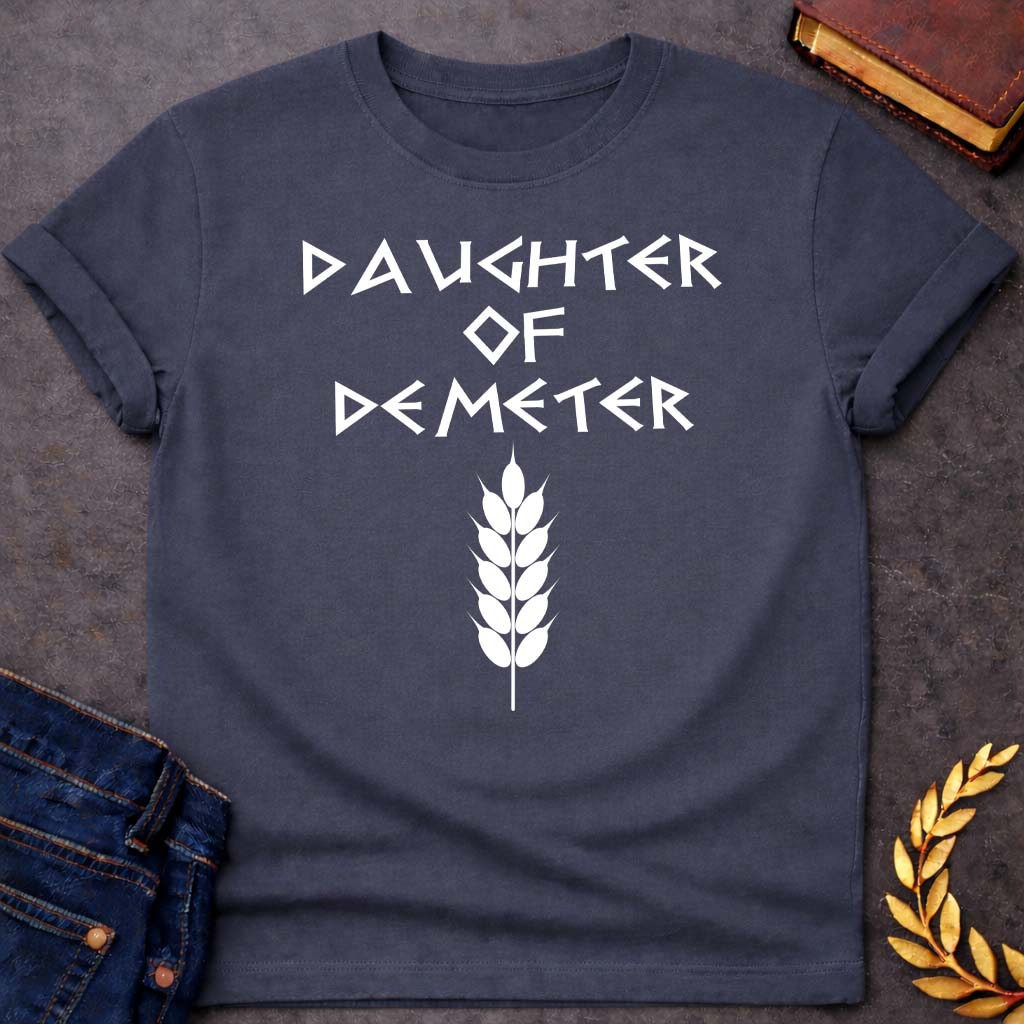 Daughter of Demeter Greek Mythology Adult T-Shirt featuring detailed Greek mythology artwork, symbolic design, and bold graphic style