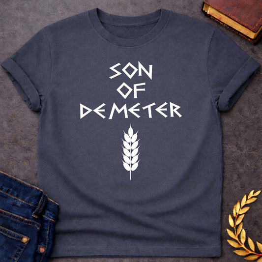 Son of Demeter Greek Mythology Adult T-Shirt featuring detailed Greek mythology artwork, symbolic design, and bold graphic style