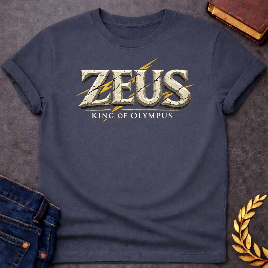 zeus king of olympus greek mythology youth t shirt featuring lightning bolt, sky god power symbolism in bold Greek mythology design