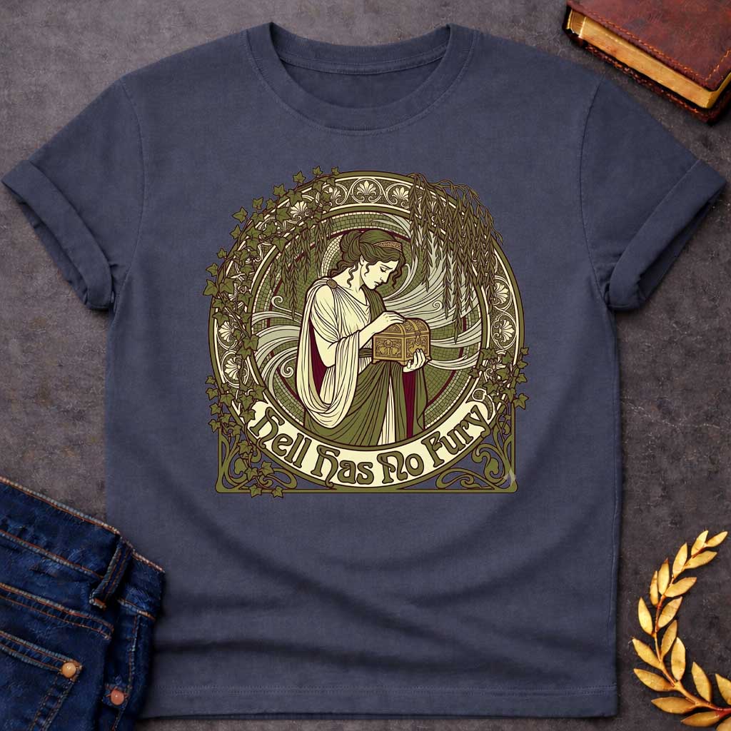 Dark Heather T-shirt with an Art Nouveau illustration of a classical woman in flowing cream and burgundy robes holding an ornate decorative box, surrounded by intricate ivy vines and architectural flourishes. Green, cream, and burgundy palette with elaborate frame. Text reads 'Hell Has No Fury.' References Medea's legendary wrath and the famous quote about a woman scorned. Celebrates the fierce power of feminine rage and vengeance in Greek mythology.