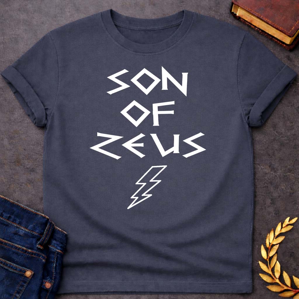 Son of Zeus Greek Mythology Adult T-Shirt featuring lightning bolt, sky god power symbolism in bold Greek mythology design