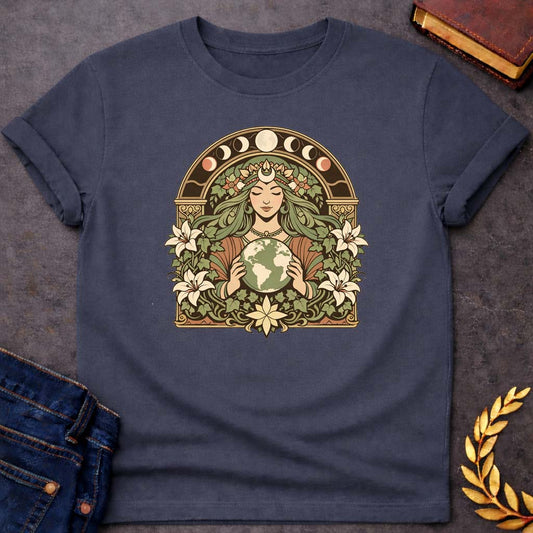 Gaia Earth Goddess Greek Mythology Adult Shirt featuring detailed Greek mythology artwork, symbolic design, and bold graphic style