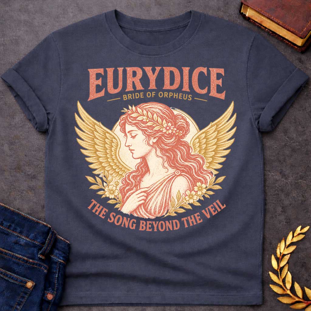 Dark Heather t-shirt with a Vintage Greek mythology design featuring Eurydice, bride of Orpheus, in an elegant classical portrait framed by golden wings, flowers, and laurel leaves. Distressed coral and gold artwork includes the text “Eurydice Bride of Orpheus” and “The Song Beyond the Veil,” inspired by the tragic myth of Orpheus and Eurydice.